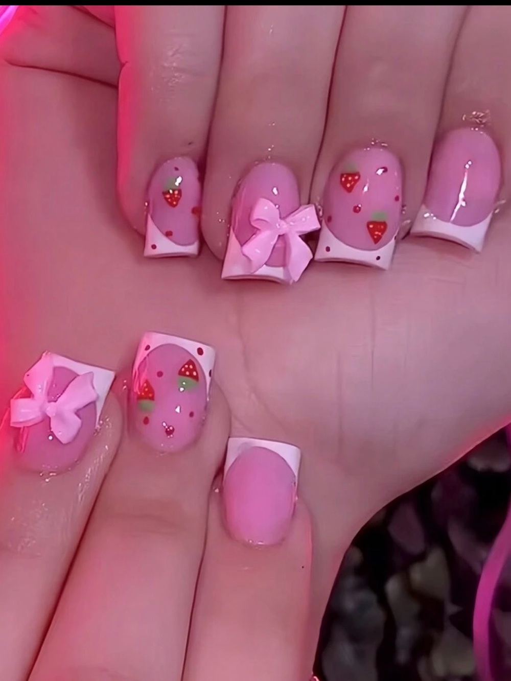 Pink Strawberry Bow Acrylic Nail Set